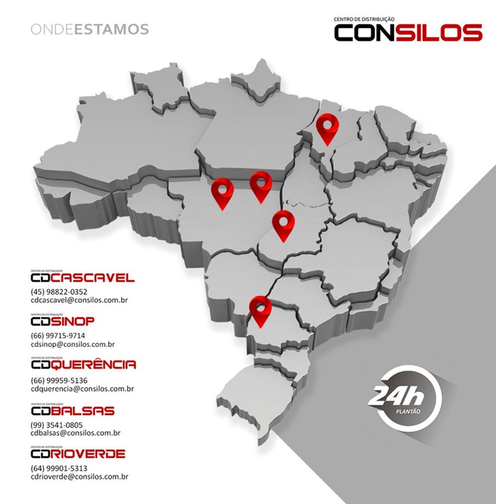 Mapa dos centros de distribuição de peças Consilos no Brasil
